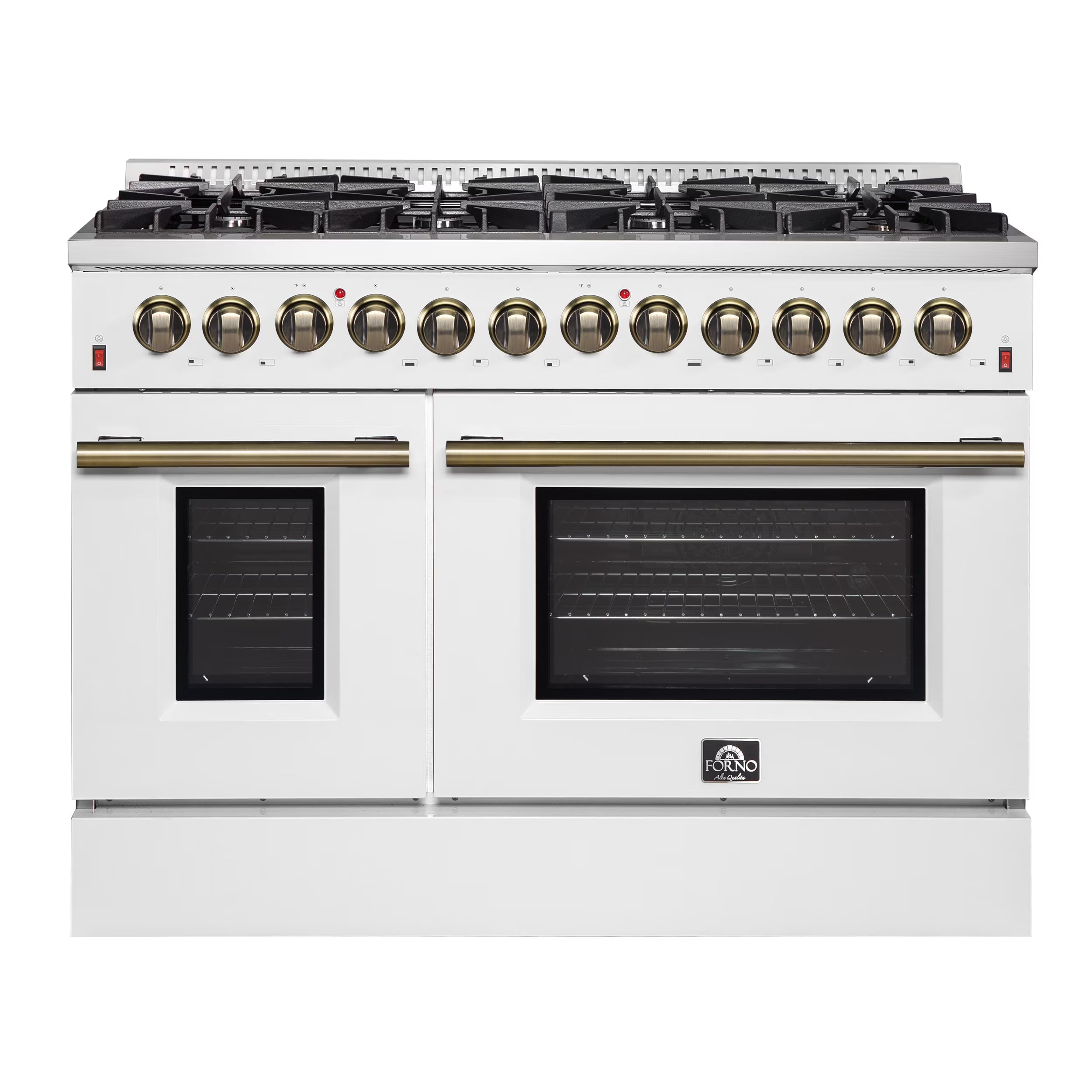 Galiano 48-inch Dual Fuel Range White  Antique Brass Design with 8 Sealed Burners 107,000 BTU, 6.58 cu. ft. double ovens  Griddle