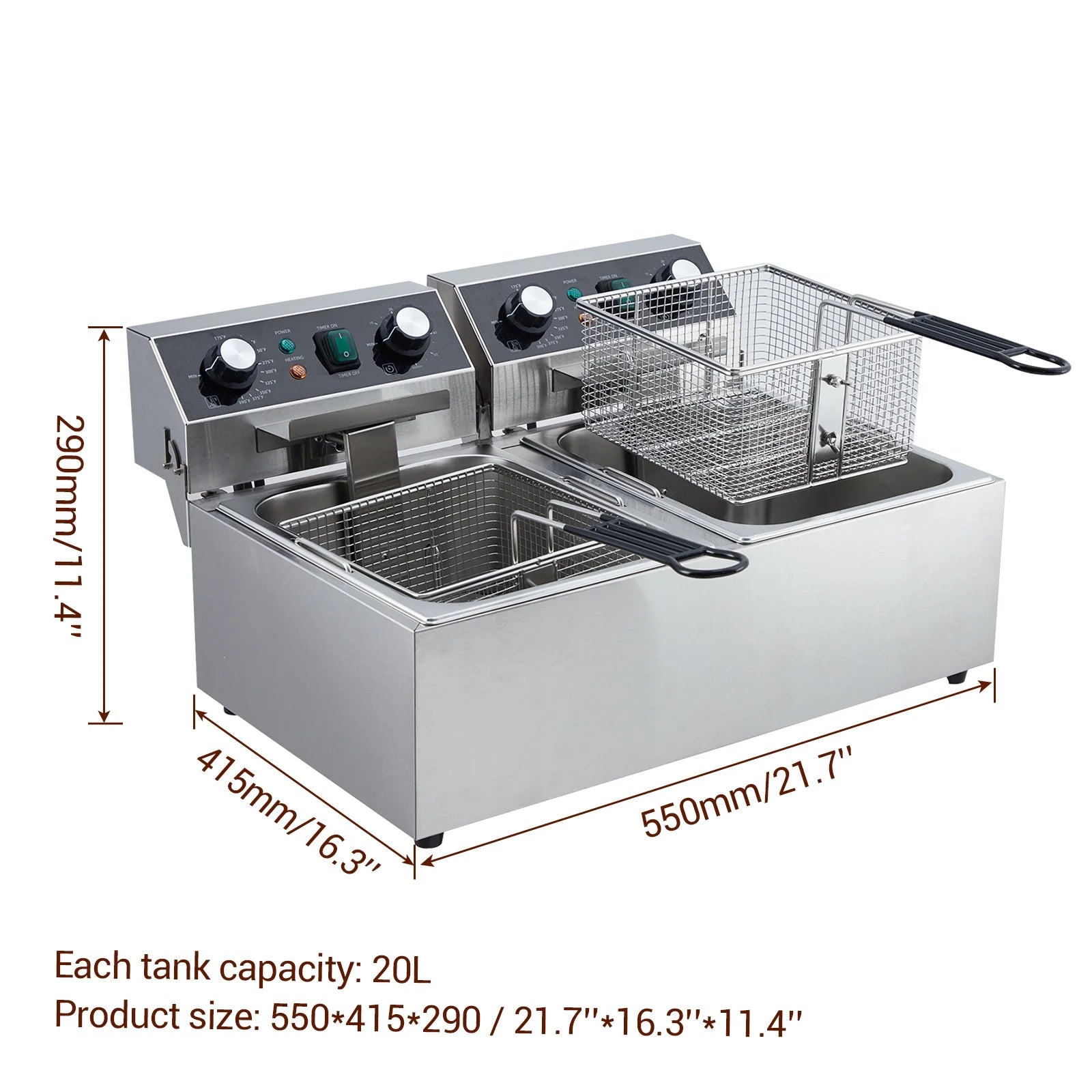 Yesurprise 6/10/12L Commercial Electric Deep Fryer Dual Tank w/Basket & Lid Countertop Stainless Steel Deep Fryer for Large Tank French Fries Onion Rings