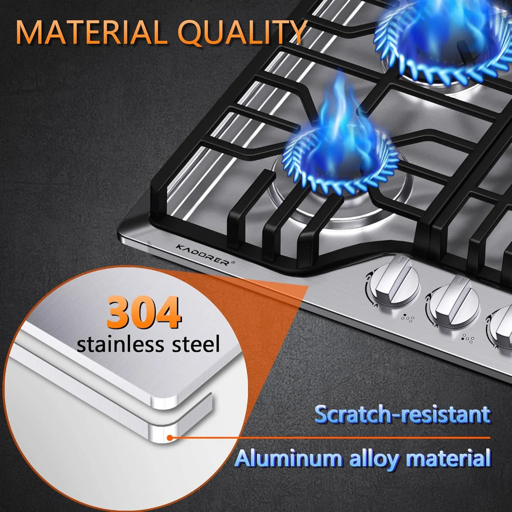30 inch Gas Cooktop, Bulit-in Gas Stove Top with 5 Burner, NG/LPG Convertible Cooktops, 5 Burner Propane Cooktop with Thermocouple Protection, Stainless Steel