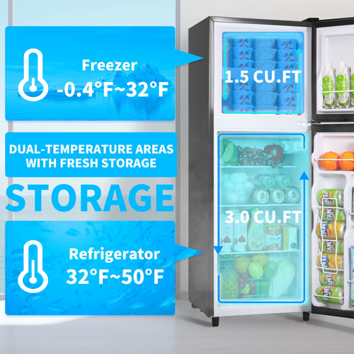 2 Door Mini Fridge with Freezer,4.5 Cu.ft.,7 Adjustable Thermostat & 4 Removable Glass Shelves,for Kitchen Dorm Apt,Grey