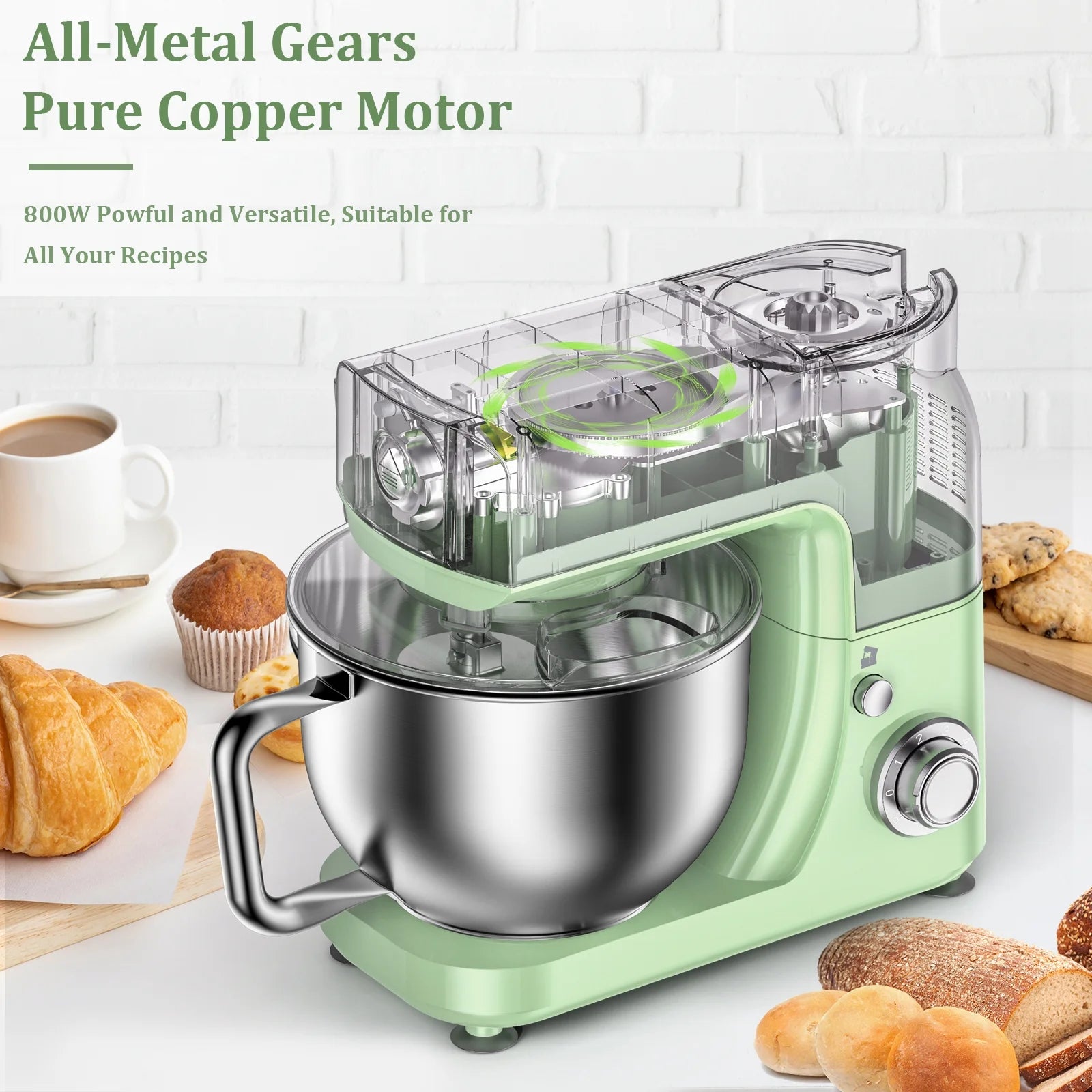 LINKChef Stand Mixer, 5.3QT 800W 6+P Speeds with Whisk, Dough Hook and Beater (White)