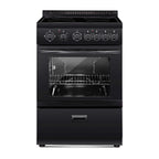KFFKFF 24-inch Electric Range Oven, 2.7 Cu. Ft. Compact Freestanding Design, Stainless Steel Finish, Features 4 Burners, Adjustable Racks, Storage Drawer, Drip Pan, and Indicator Light, Black