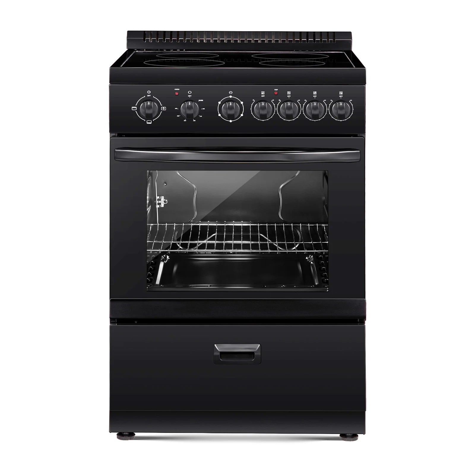 KFFKFF 24-inch Electric Range Oven, 2.7 Cu. Ft. Compact Freestanding Design, Stainless Steel Finish, Features 4 Burners, Adjustable Racks, Storage Drawer, Drip Pan, and Indicator Light, Black