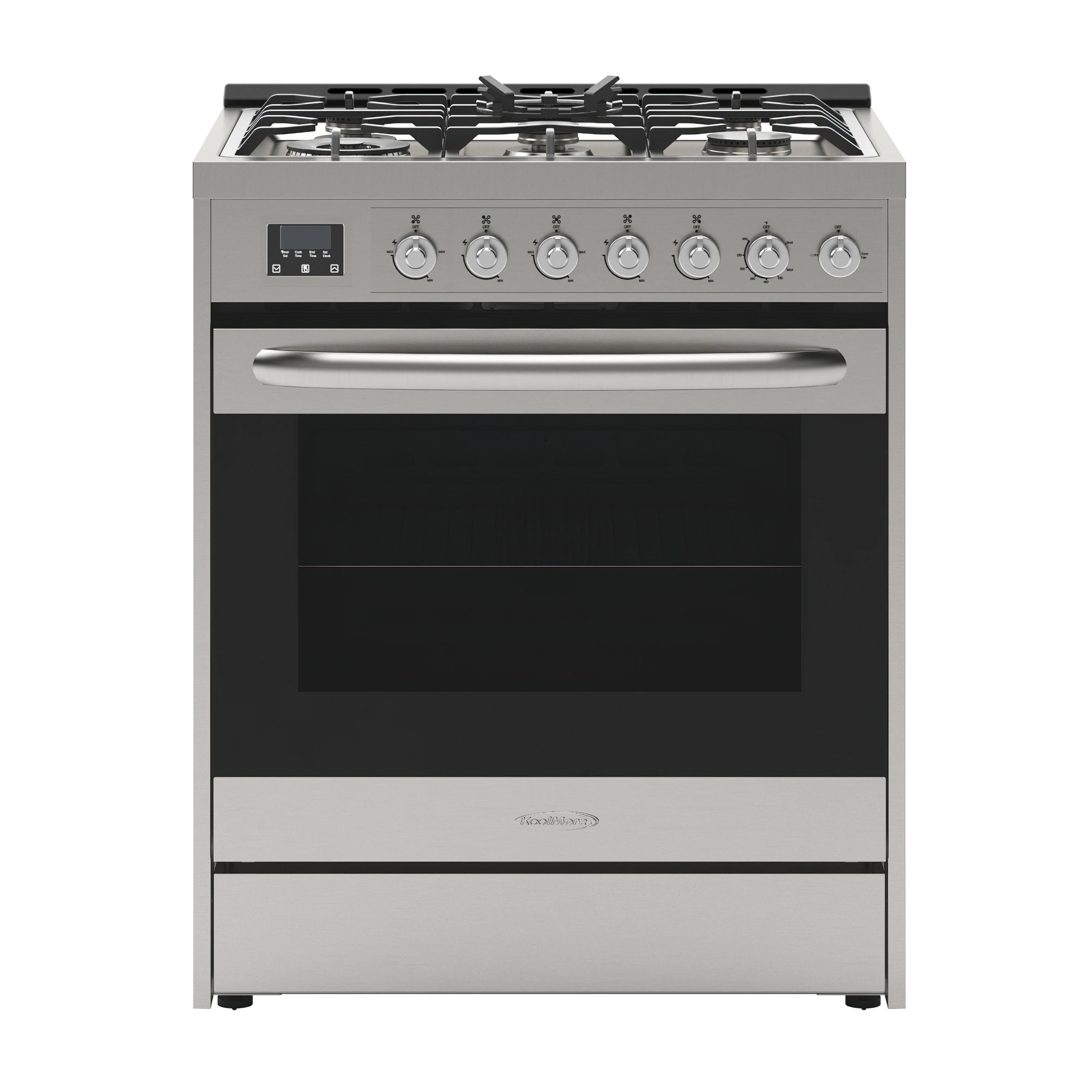 30�� Inch Professional Gas Range Stove with 5 Burner Cooktop, Rapid Convection Oven, and Digital Timer with Heavy-Duty Cast Iron Grates, Stainless-Steel Appliance, Silver