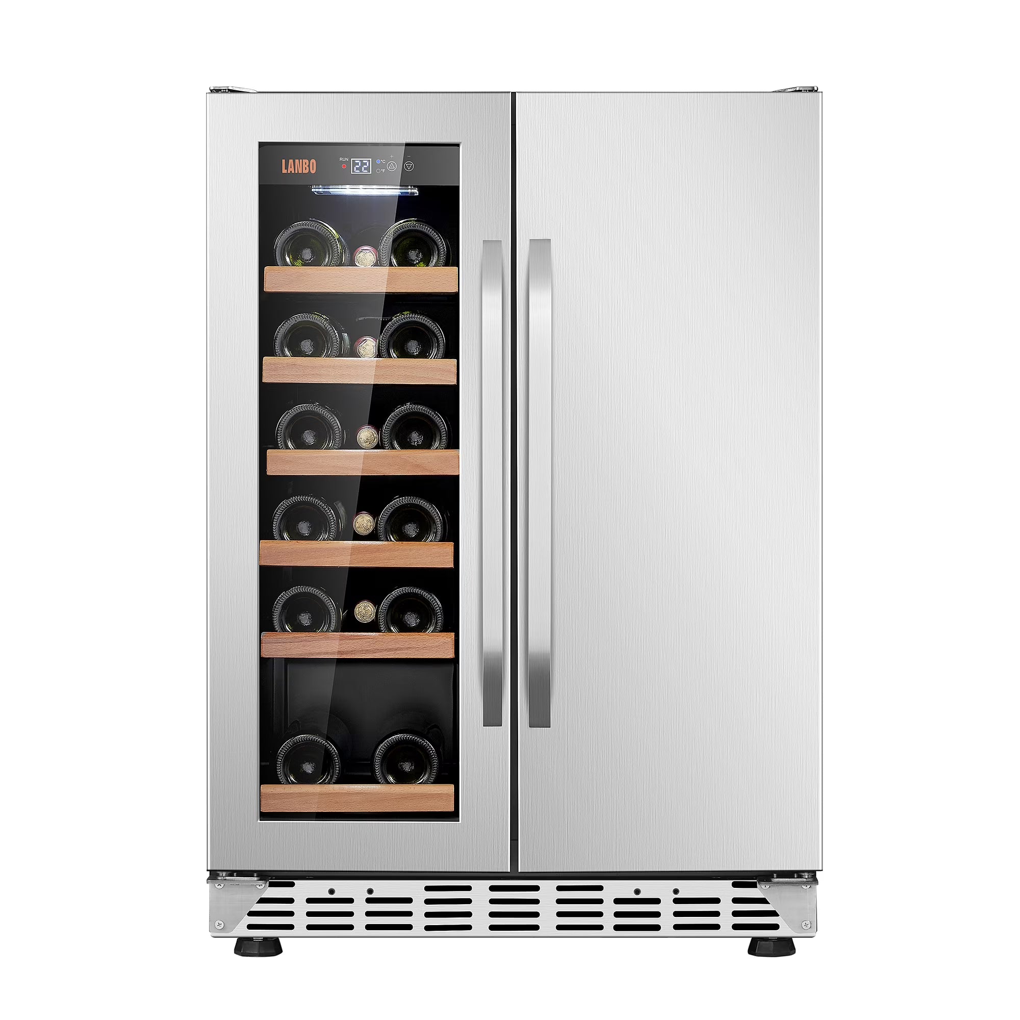 Lanbo 24 inch Dual Zone 18 Bottle Wine and 55 Can Beverage Cooler with French Door
