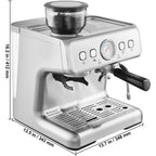 KFFKFF Semi-Automatic Espresso Maker with Grinder, 15 Bar, Includes Milk Frother Steam Wand, Detachable Water Tank & Pressure Gauge, for Cappuccino, Latte, Machiato, with PID Temperature Control