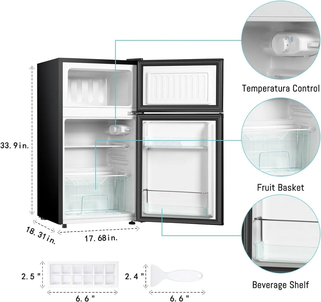 Kcpolre Pink Mini Fridge with Freezer 3.2 Cu.ft Refrigerators, Adjustable Glass Shelves, Quiet Dual Door Dorm Fridge for Bedroom, College, Office