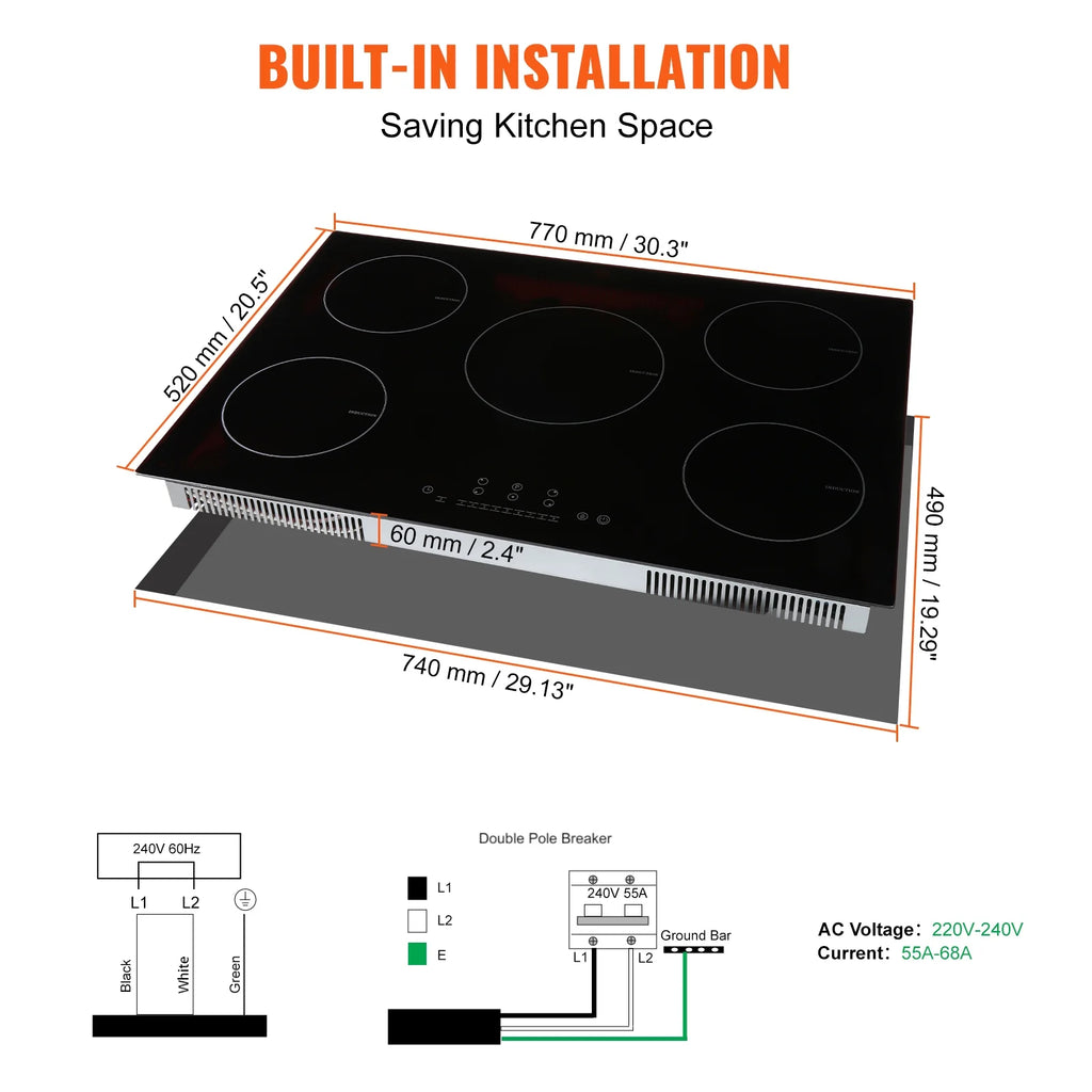 KFFKFF Electric Range, 5 Elements, 30'' Built-in Induction Cooking Surface, 9200W, 9 Power Settings, LED Display, Safety Lock & Heat Guard