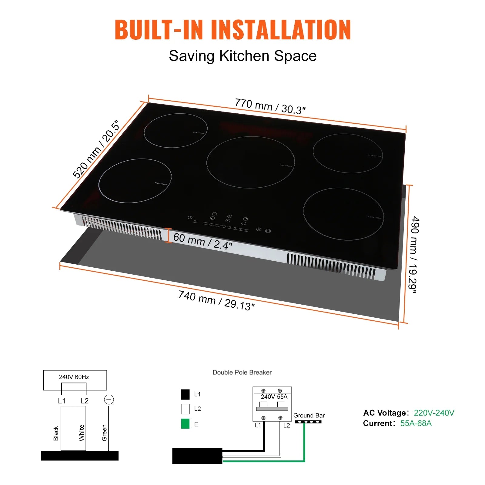 KFFKFF Induction Cooktop, 5 Heating Elements, 30'' Electric Stove, Integrated Magnetic Cooktop 9200W, 9 Heat Settings, LED Touch Display with Child Safety Lock & Overheat Protection