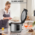 KFFKFF Industrial Rice Steamer, 45-Cup Capacity, 9.51 Qt / 9 Liter Voluminous Rice Maker and Heater with Nonstick Cooking Chamber, Swift Preparation and 12-Hour Heat Retention