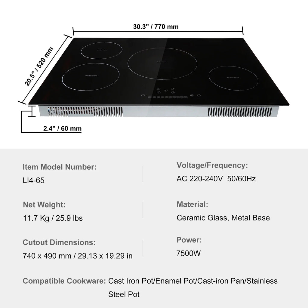 KFFKFF 30" Electric Cooktop, 4 Burners 7500W Built-in Electric Stove with Touch Controls, Safety Lock, 9 Temperature Settings 220-240V