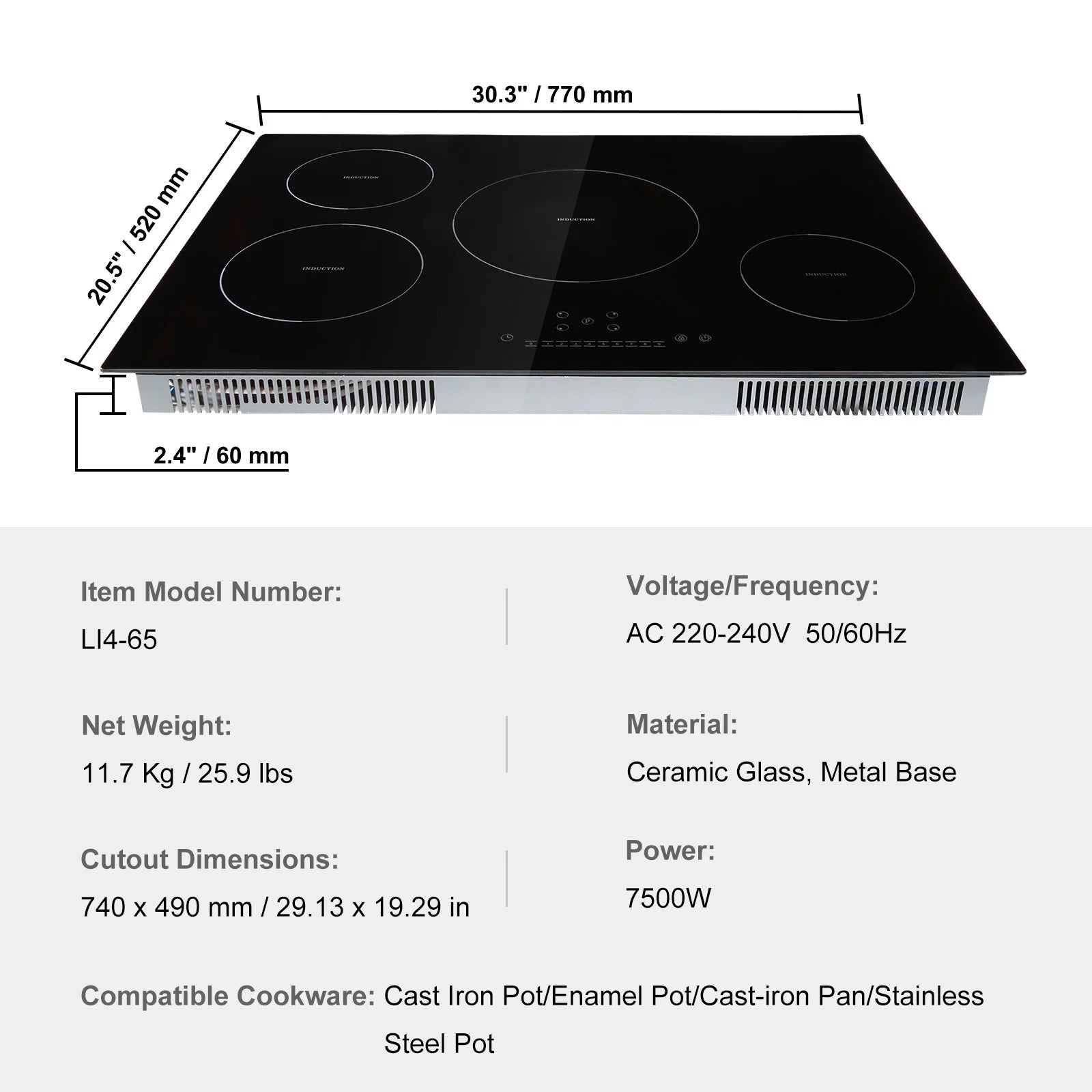 KFFKFF 30" Electric Cooktop, 4 Burners 7500W Built-in Electric Stove with Touch Controls, Safety Lock, 9 Temperature Settings 220-240V