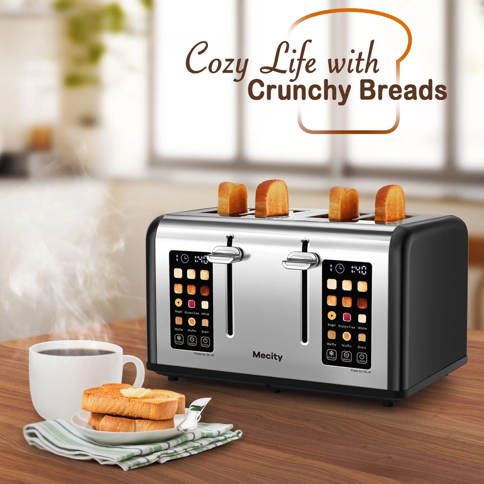 Mecity 4-Slice Touchscreen Toaster, Stainless Steel, 6 Browning Settings, Reheat, Cancel, Defrost, Removable Tray
