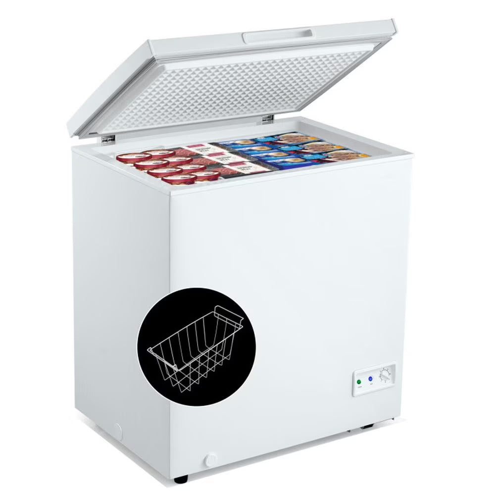 Canddidliike 5 Cubic Feet Compact Chest Freezer with 2 Rolling Wheels, Upright Chest Freezer with Removable Storage Basket, Freestanding Chest Freezer for Indoor, White