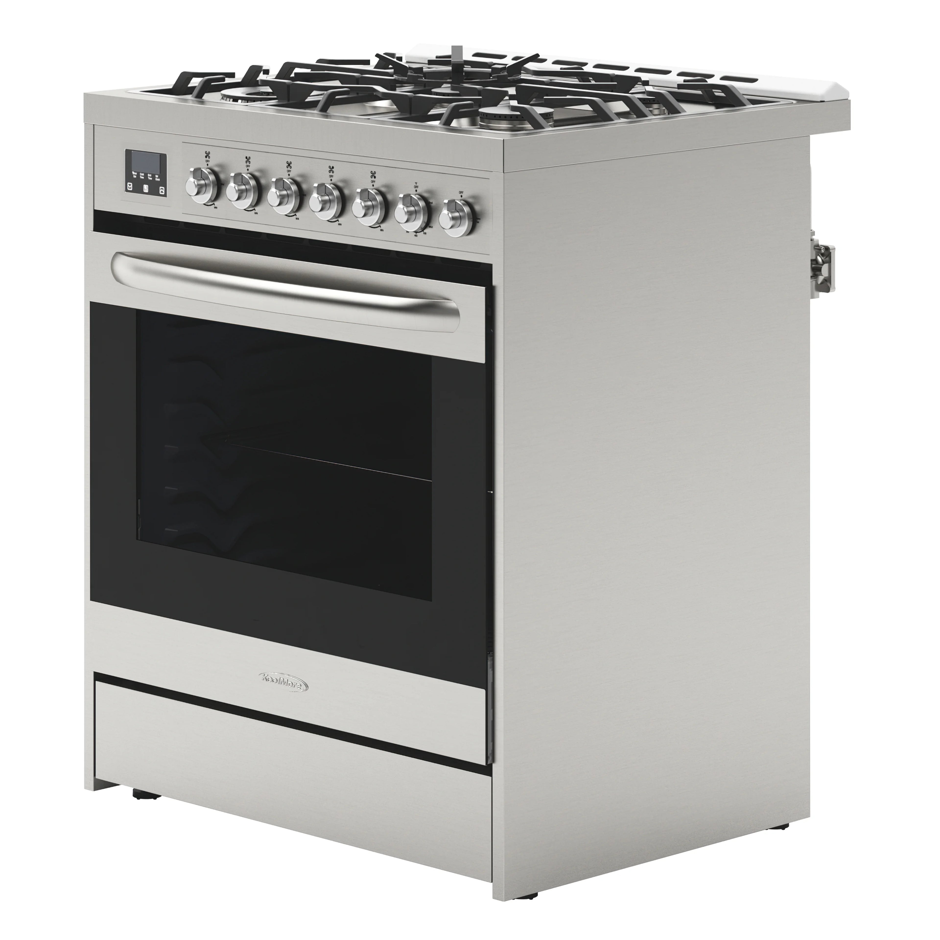 30�� Inch Professional Gas Range Stove with 5 Burner Cooktop, Rapid Convection Oven, and Digital Timer with Heavy-Duty Cast Iron Grates, Stainless-Steel Appliance, Silver
