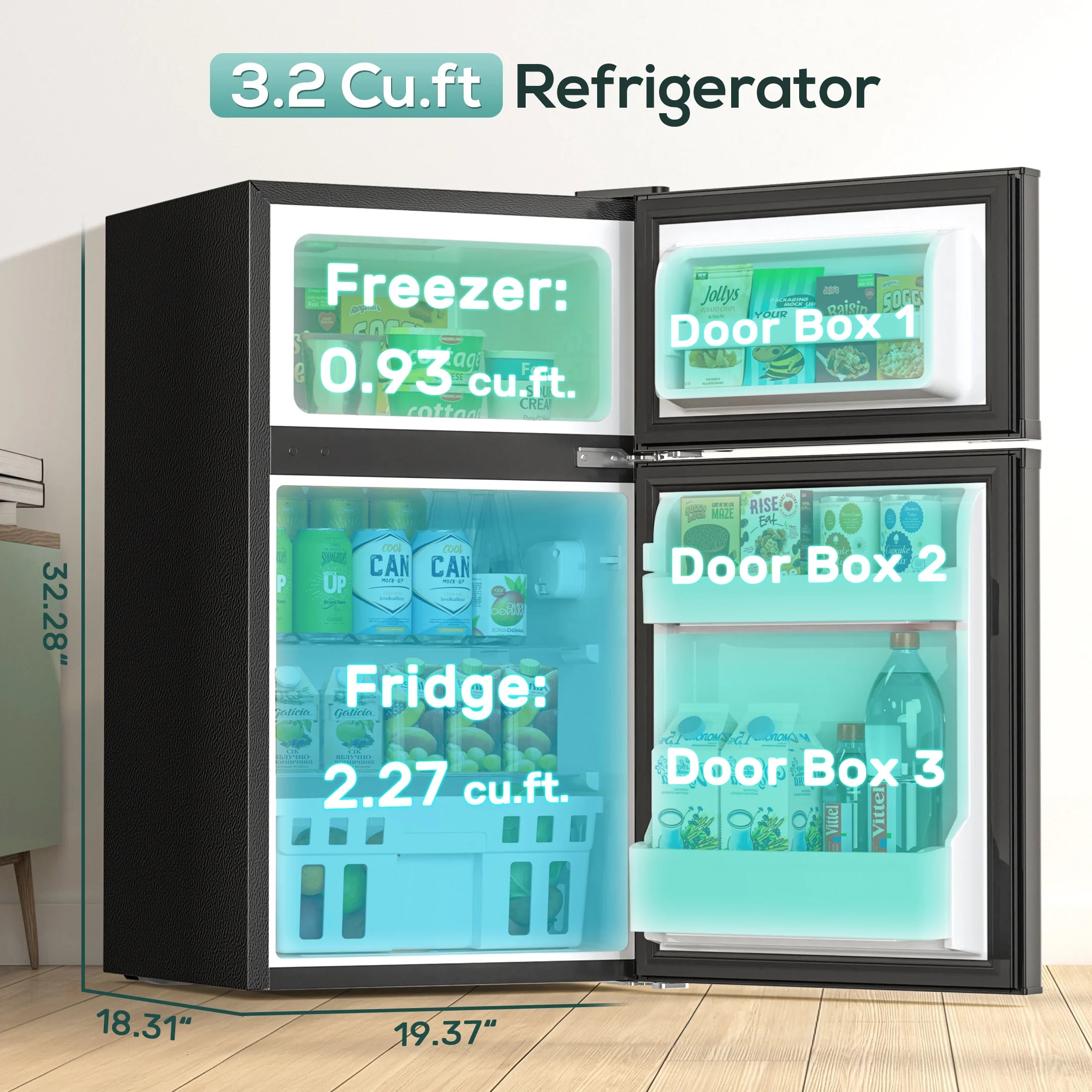 Auseo 3.1 Cu.Ft Mini Fridge 2 Door, Small Fridge 115 Volt/60 Hz, Low Noise Mini Refrigerator with Adjustable Temperature, Removable Shelves, Suitable for Home/Kitchen/Office/Dorm/Apt-Black