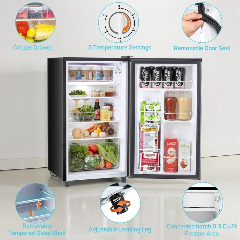 Sybels 3.2 Cu.Ft Mini Fridge with Freezer, Compact Single Door, Adjustable Thermostat & Low Noise, Perfect for Bedroom, Dorm, Office, Black