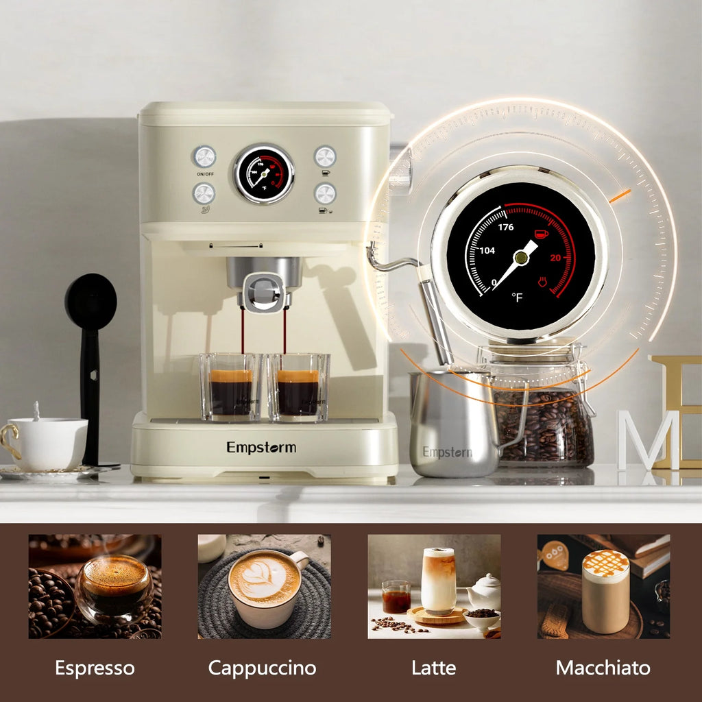 Empstorm 20 Bar Espresso Machine with Milk Frother Steam Wand, 3-in-1 Coffee Maker, Compatible with NS Pods, Stainless Steel, for Latte & Cappuccino, Beige