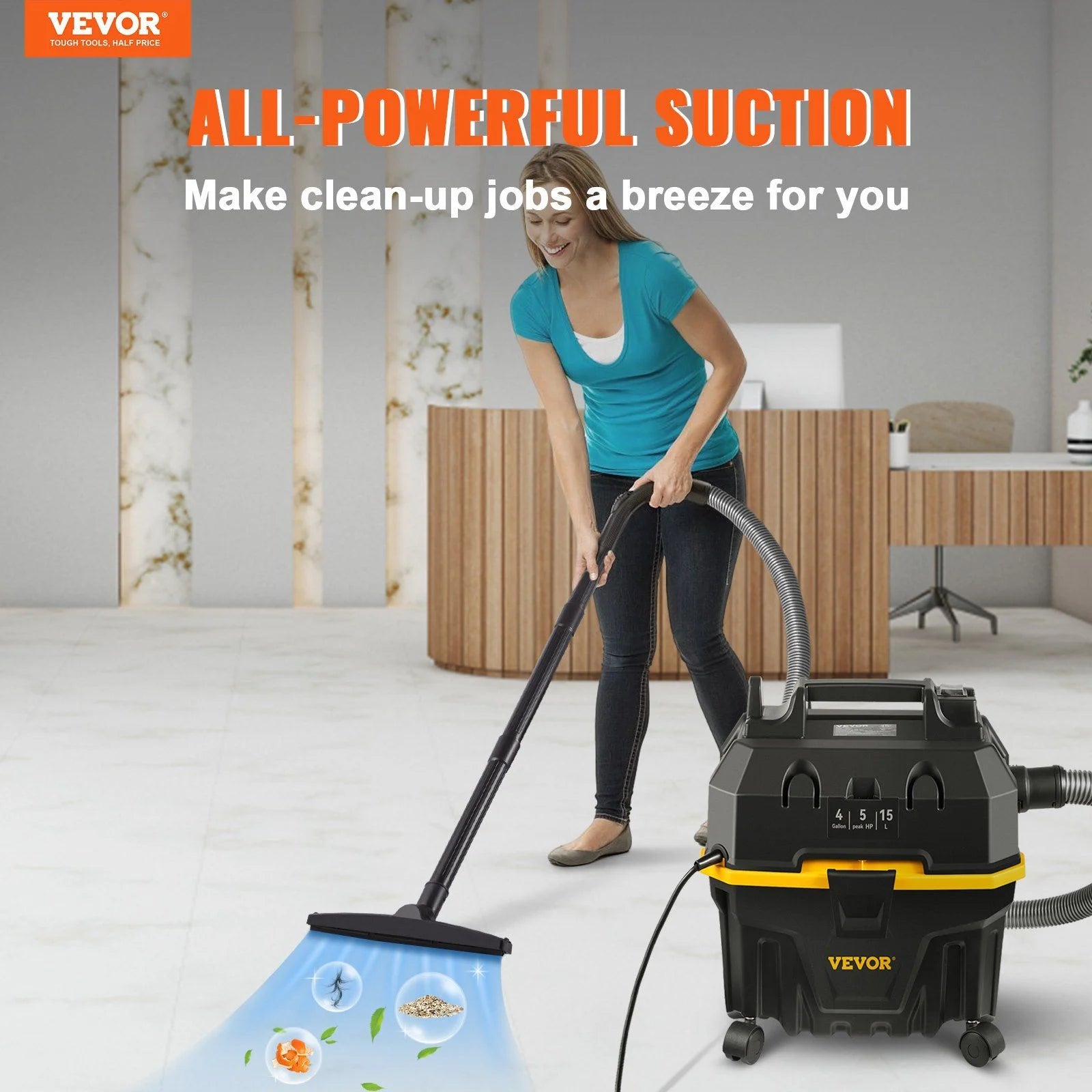 4 Gallon Wet Dry Vacuum, 5 Peak HP Powerful Suction, 3-in-1 Blower & Vacuum for Home, Car, Gaps, Includes Portable Attachments, ETL Listed