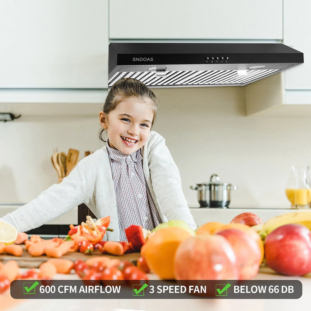 Range Hood 30 inch Under Cabinet,Black Stainless Steel Range Hood with 500 CFM,Ductless Range Hood Black,Kitchen Vent Hood 30 inch with 3 Way Venting,Baffle Filters,LED Light