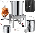 30QT Stainless Steel Turkey Fryer Kit, Stainless Steel Stand with 55,000BTU Propane Burner Stove, Waterproof Cover & Skimmer, Turkey Deep Fryer Pot, Outdoor Fish Fryer, Crawfish Boiler