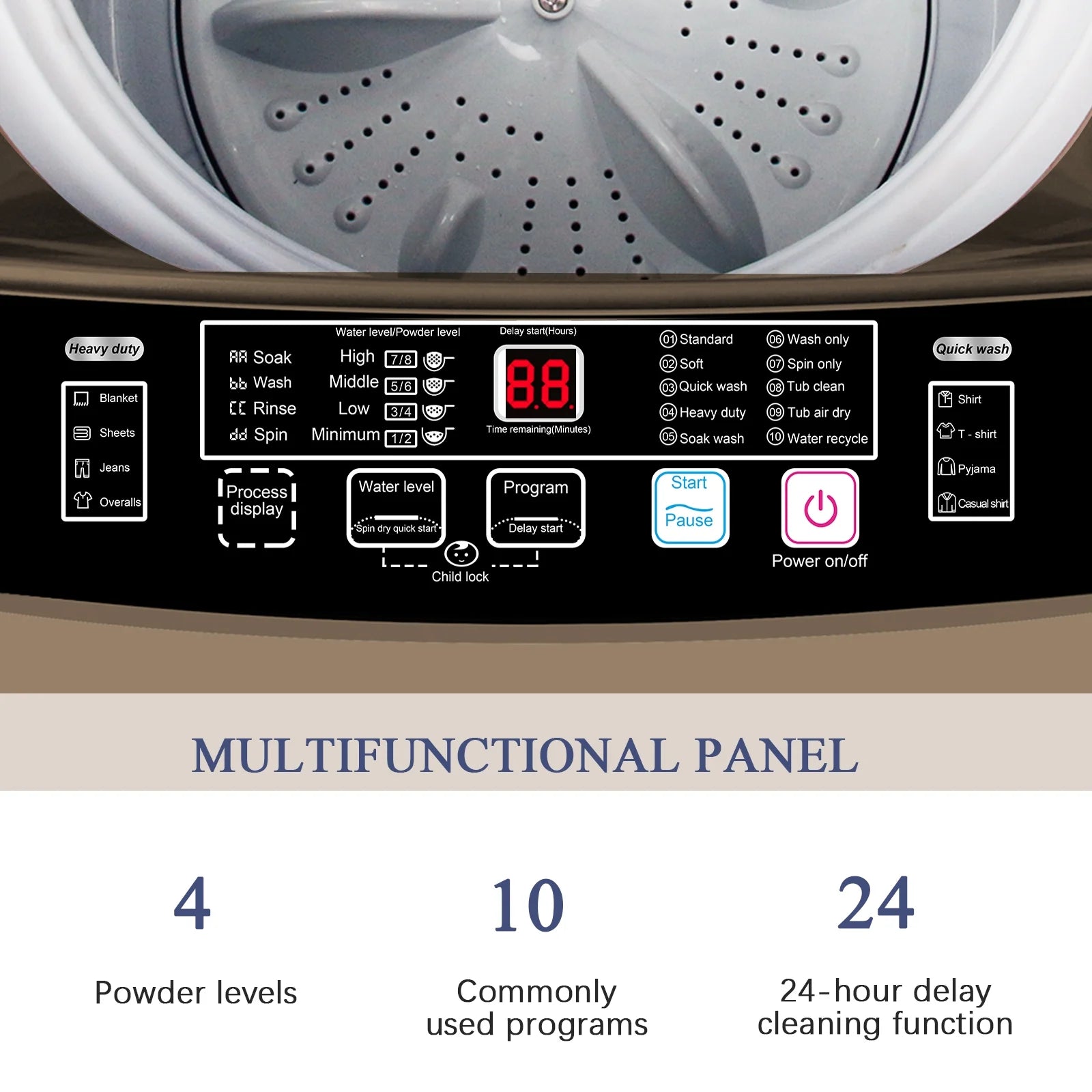 Krib Bling Full Automatic Washing Machine with LED Display, 17.7 lbs Portable Washer with Drain Pump, 10 Washing Programs & 8 Water Levels, Ideal for Camping, Apartment, Dorm, Grey