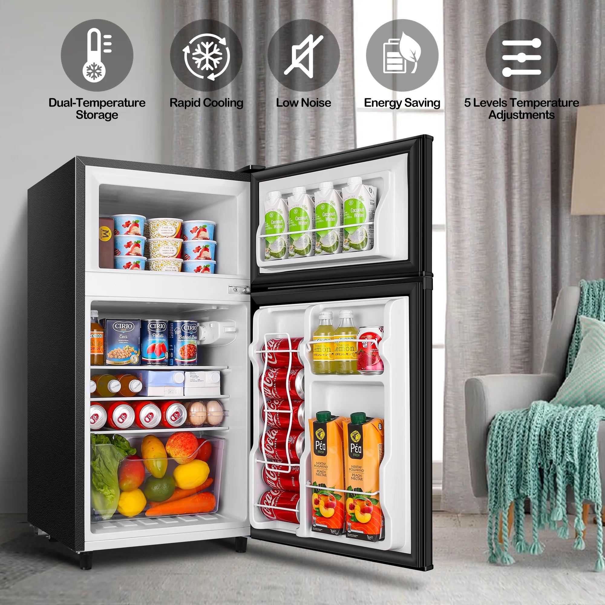WANAI 3.5 Cu ft Two Door Mini Fridge with Freezer,Apartment Size Refrigerator, Black,New
