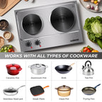 CUSIMAX 1800W Portable Double Burner Hot Plate �?Stainless Steel Countertop Electric Cooktop with Dual Cast Iron Heating Plates, Easy-to-Clean Silver Design, Upgraded Version