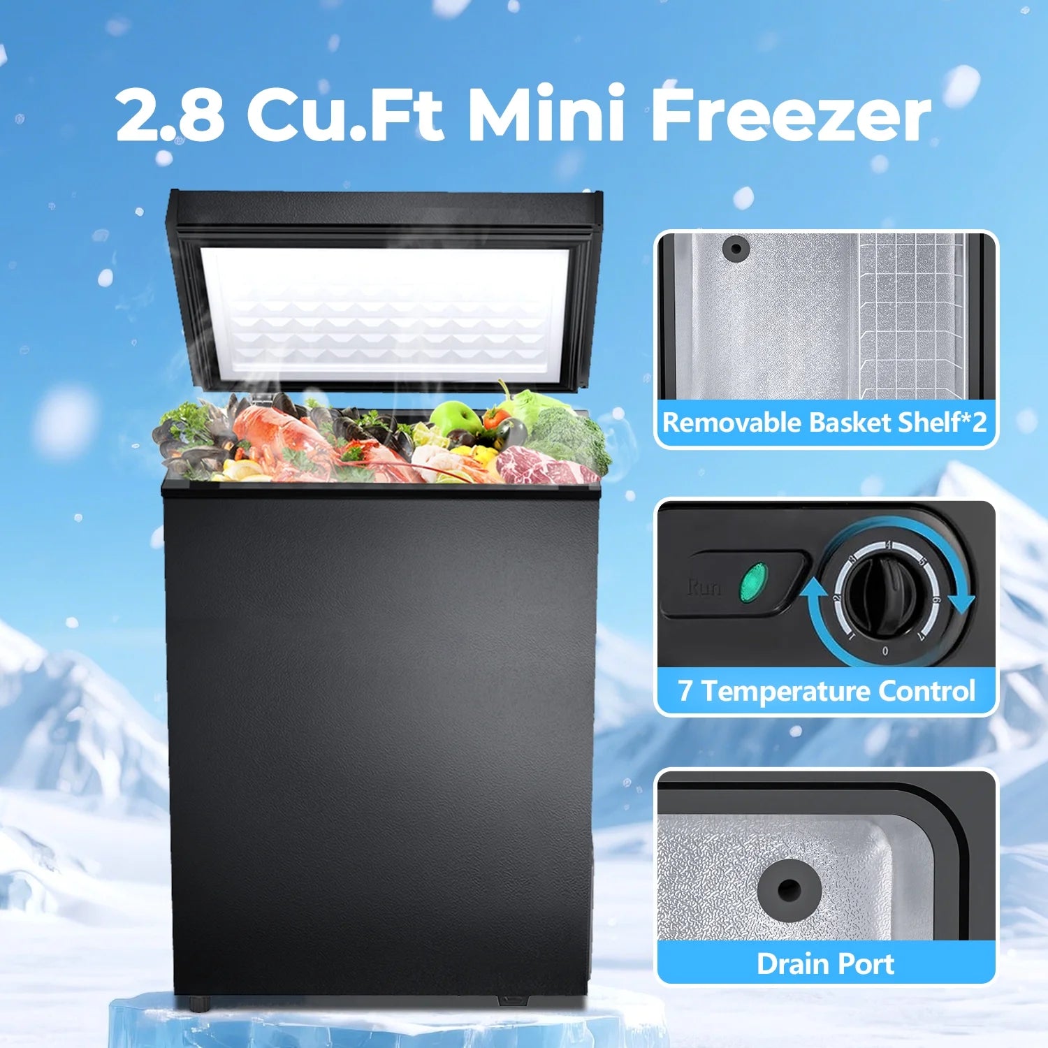 WAA 2.8 Cubic Feet Chest Freezer with Removable Basket Free Standing Top Open Door Compact Freezer with Adjustable Temperature for Home/Kitchen/Office/Bar (White)
