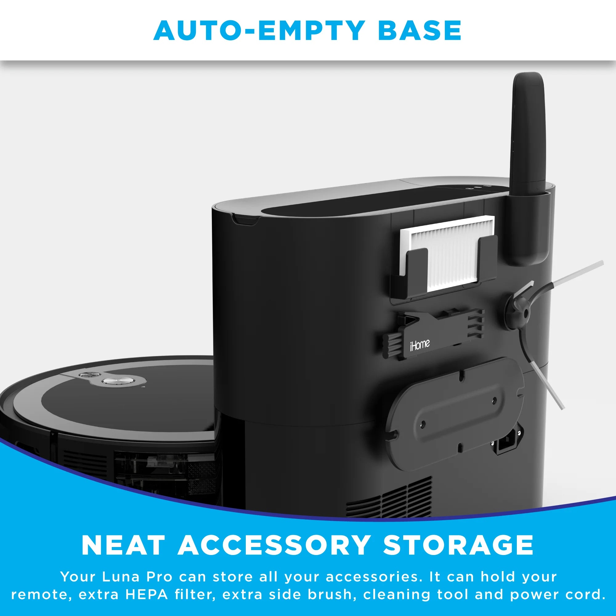 iHome AutoVac Luna Pro New 3-in-1 Robot Vacuum and Vibrating Mop with Auto Empty Base, Self-Emptying, Smart Mapping, Wi-Fi Connected, LIDAR Navigation, Mop Combo, Pet Hair, Hard Floor, Carpet