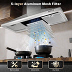 36-inch Wall Mount Range Hood 450CFM 3-Speed, Stainless Steel with LED Light, Adjustable Chimney 15.7-30.7in, Ducted/Ductless Ready, Quiet Under 55dB, 5-Layer Filters