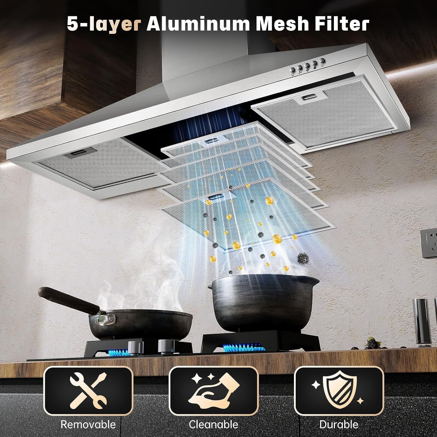 36-inch Wall Mount Range Hood 450CFM 3-Speed, Stainless Steel with LED Light, Adjustable Chimney 15.7-30.7in, Ducted/Ductless Ready, Quiet Under 55dB, 5-Layer Filters