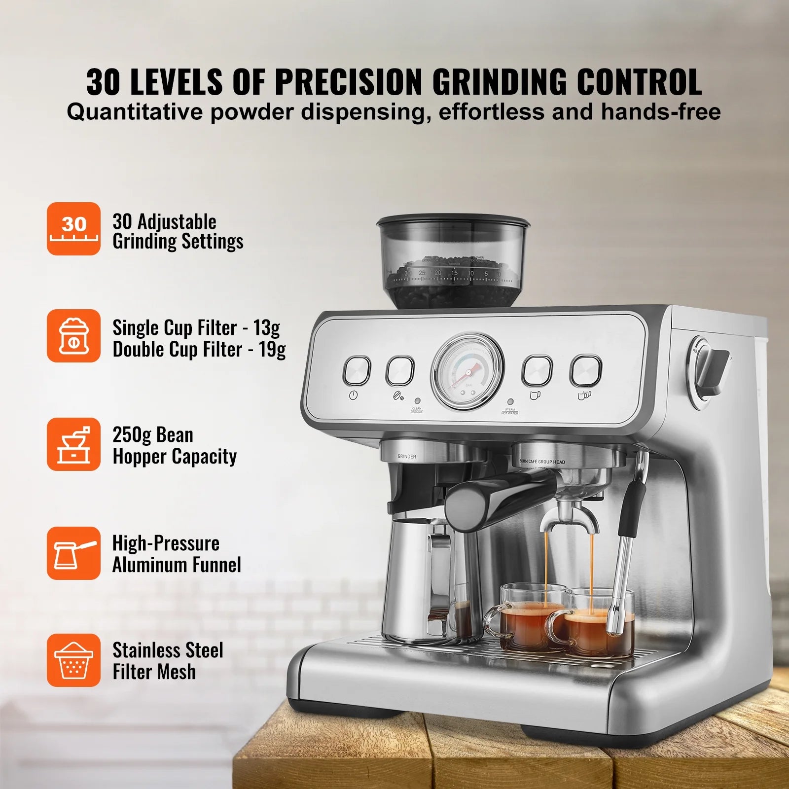 KFFKFF Semi-Automatic Espresso Maker with Grinder, 15 Bar, Includes Milk Frother Steam Wand, Detachable Water Tank & Pressure Gauge, for Cappuccino, Latte, Machiato, with PID Temperature Control