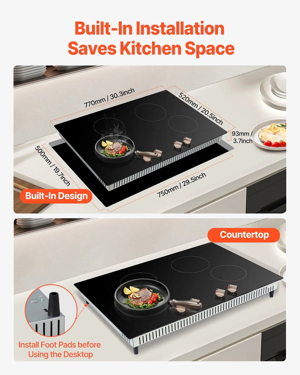 KFFKFF Induction Stove, 6600W 5 Burner Built-in Electric Cooktops, with Knob Control, 12 Heat Settings, Glass Top, Automatic Power Off
