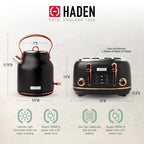 Haden Heritage 1500 1.7 Electric Kettle, Matte Black Finish with Copper Accents