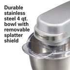 Hamilton Beach 4 Quart Stand Mixer for Kitchen, 7 Speeds, Tilt-Head, Dough Hook, Whisk & Flat Beater, White