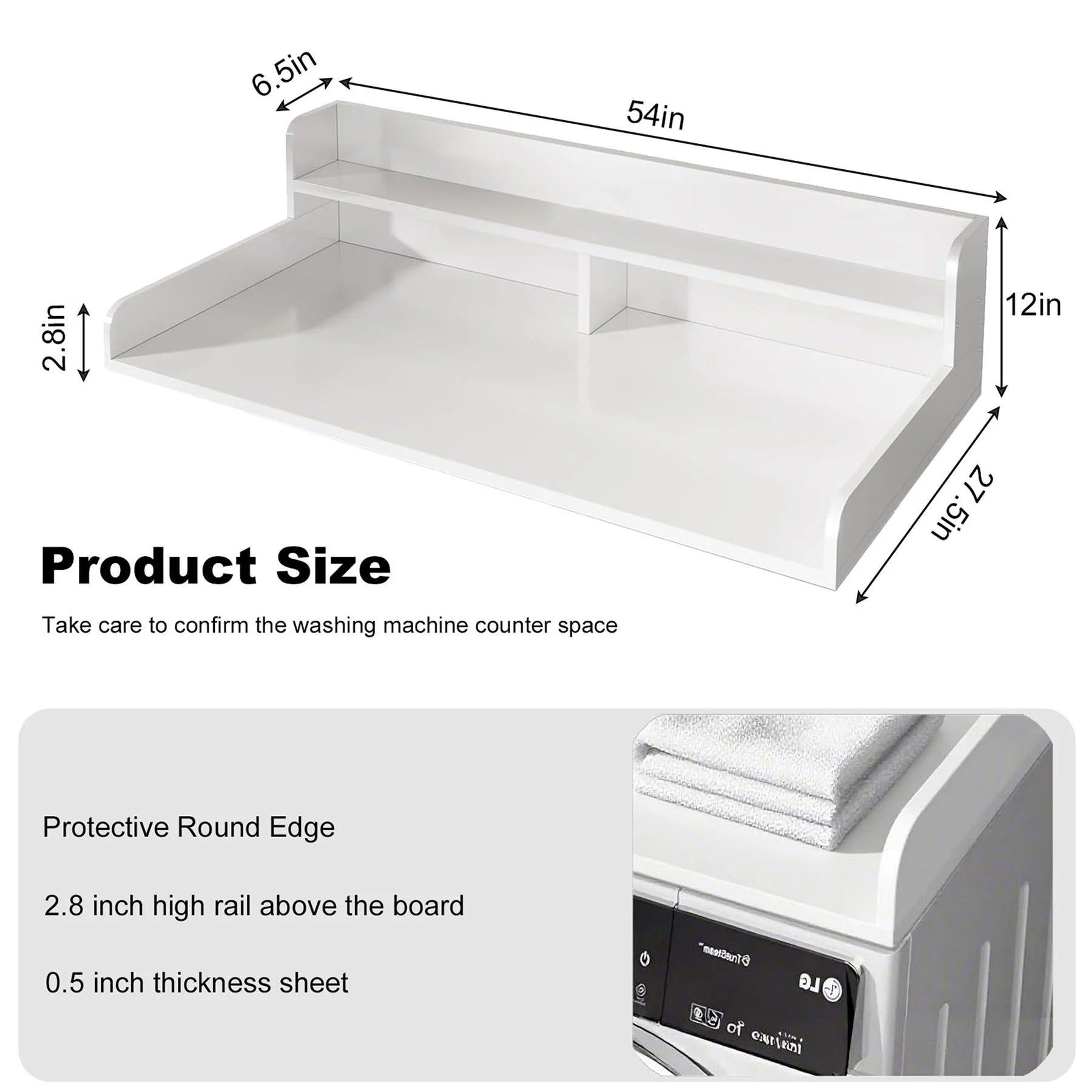 S-HOME Large Space 2-Tier Washer and Dryer Countertop with 2.75 Inch H Guard, 54 Inch W x 27.5 Inch D Topper for Laundry Room