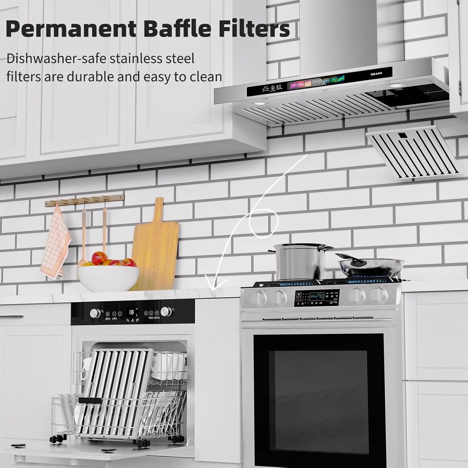 BRANO 30 Inch Wall Mount Range Hood Stainless Steel 900 CFM with Voice/Gesture/Touch Control, 4 Speed Exhaust Fan