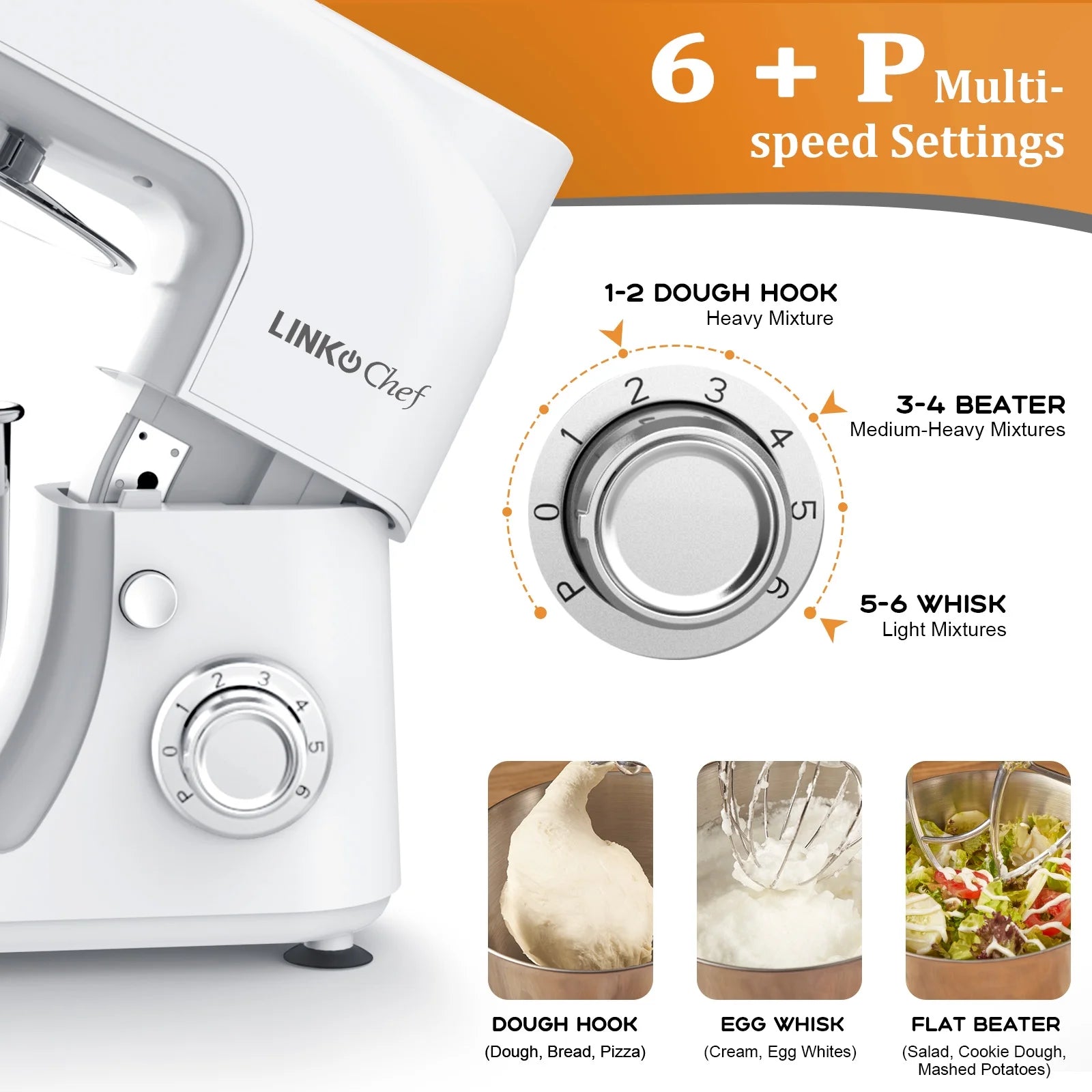 LINKChef Stand Mixer, 5.3QT 800W 6+P Speeds with Whisk, Dough Hook and Beater (White)