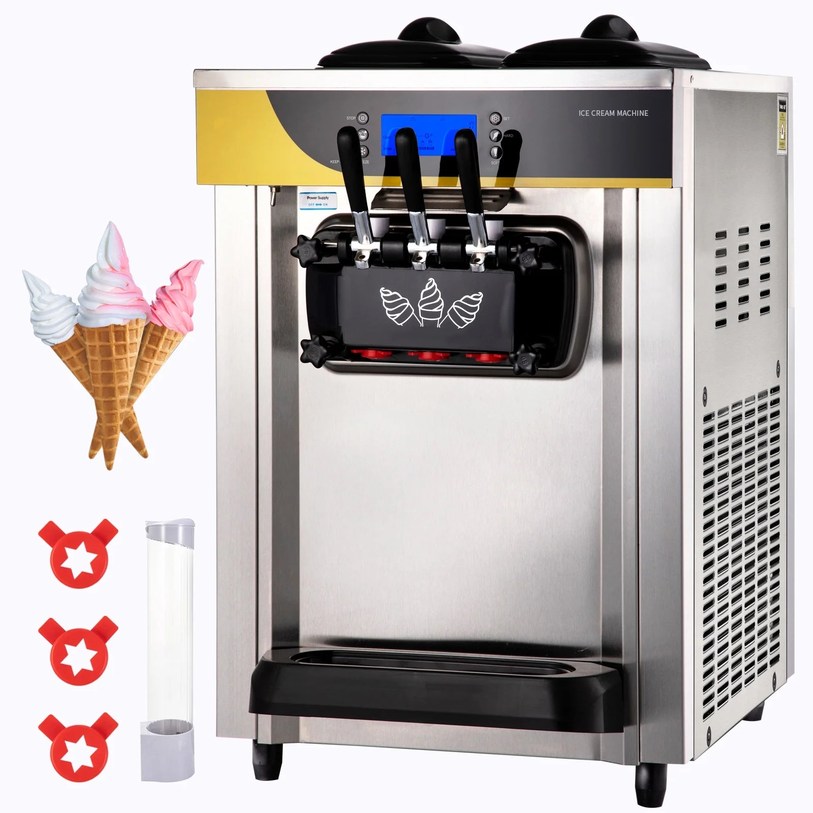 BENTISM Commercial Ice Cream Maker, 22-30L/H Yield, 2200W Countertop Soft Serve Machine w/ 2x6L Hopper 2L