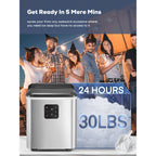 Stainless Steel Ice Makers Countertop 30lbs in 24h, 9 Bullet Cubes in 5 Mins, 2 Sizes, Self-Clean, FOHERE