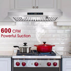"Joeaonz 30"" Convertible Under Cabinet Range Hood, Stainless Steel, 600CFM, 3-Speed Fan, Dishwasher-Safe Filter"