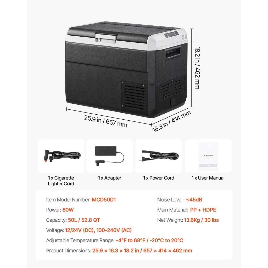 VEVOR Portable Car Refrigerator 53 Qt, 12V Portable Freezer with Single Zone, 12/24V DC & 110-240V AC Electric Cooler with -4�H-68�HCooling Range, for Car Truck Vehicle RV Boat Outdoor & Home use