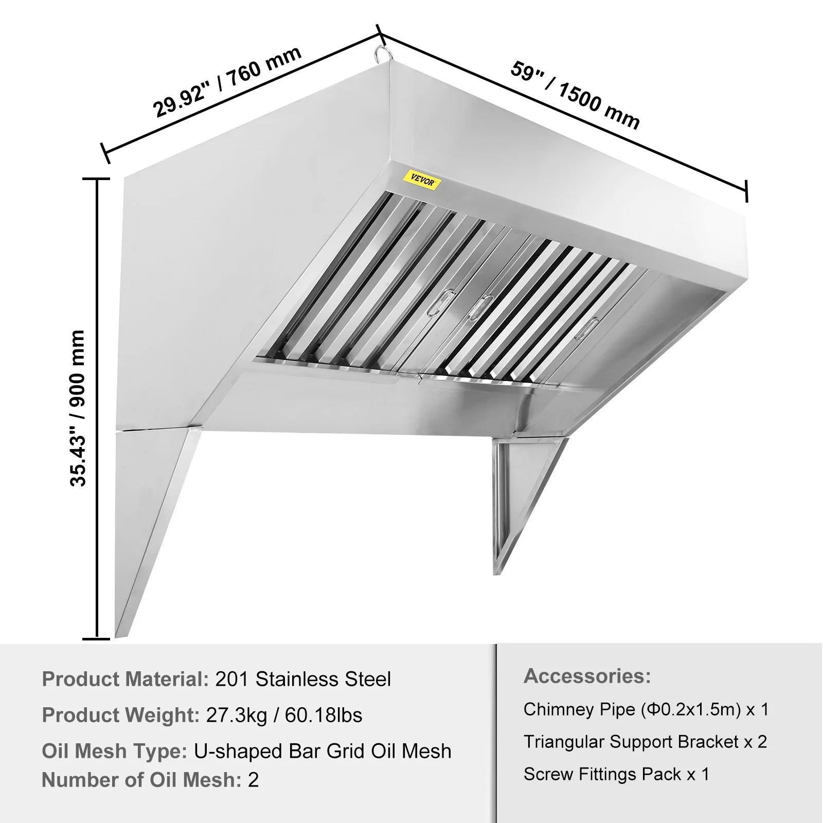 BENTISM Commercial Exhaust Hood 8ft Food Truck Hood Exhaust 201 Stainless Steel