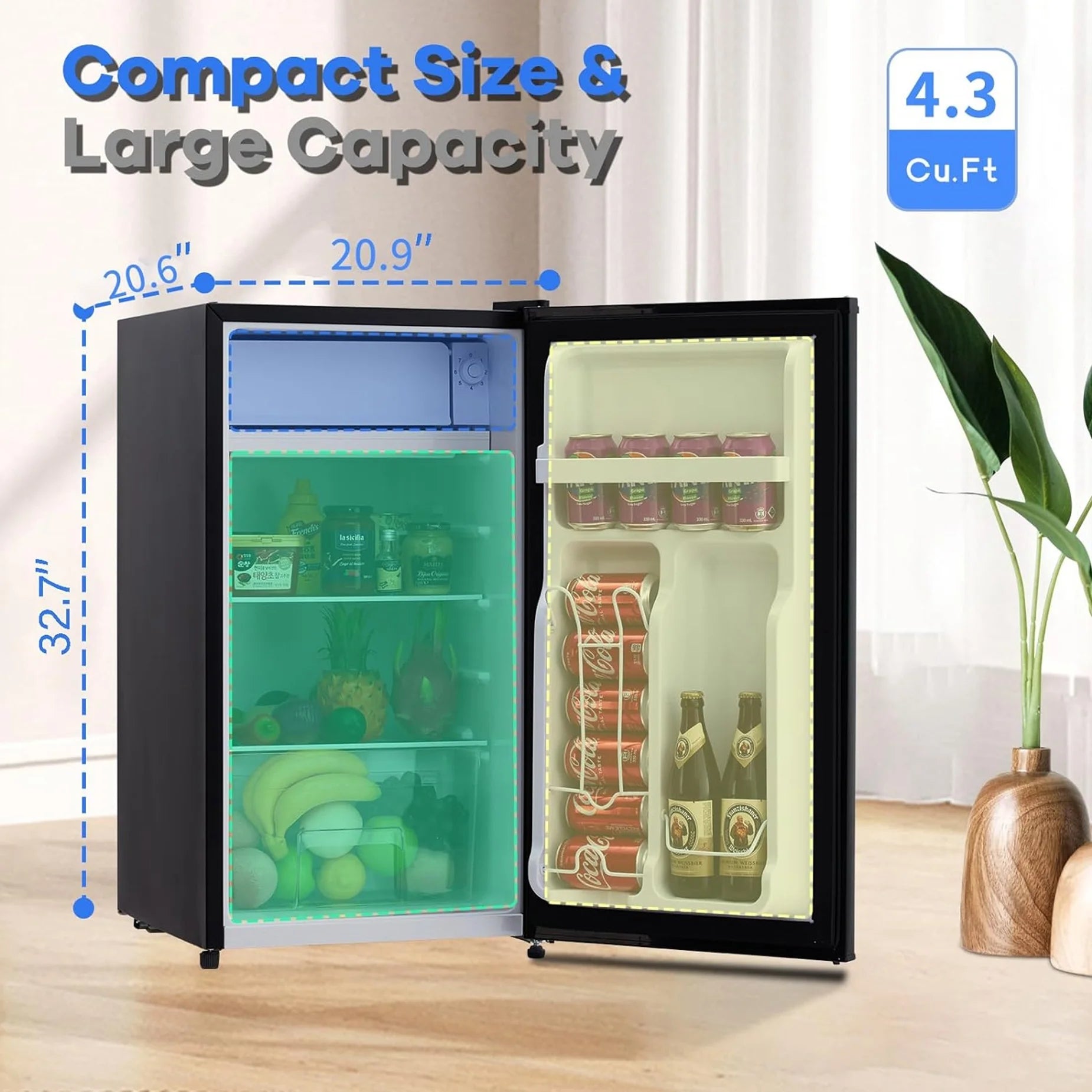 Adoolla 4.3 Cu.Ft. Single Door Mini Refrigerator with Top Freezer and 7 Adjustable Temperature Settings