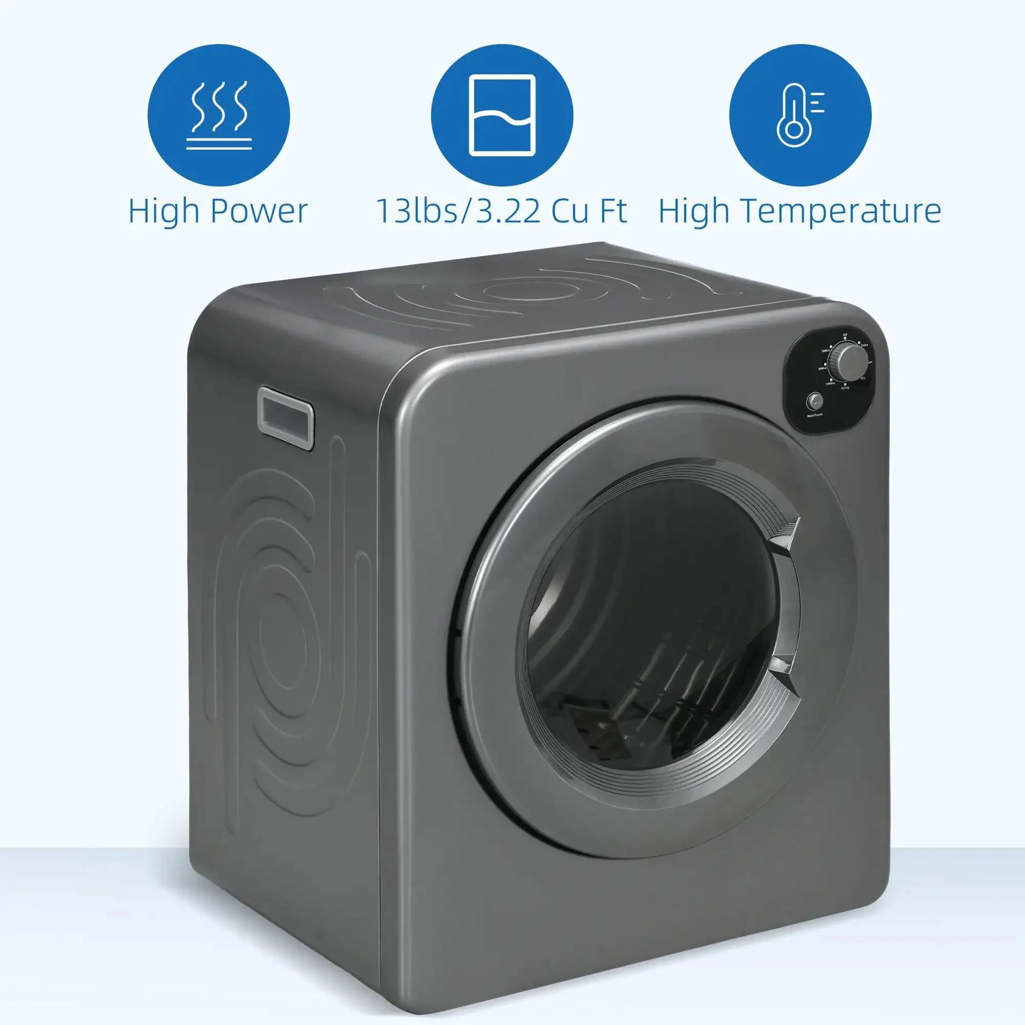 Resenkos Compact Laundry Dryer 1300W Portable Clothes Dryer with 3.2 cu.ft Stainless Steel Drum, Front Load Electric Dryer, Gray