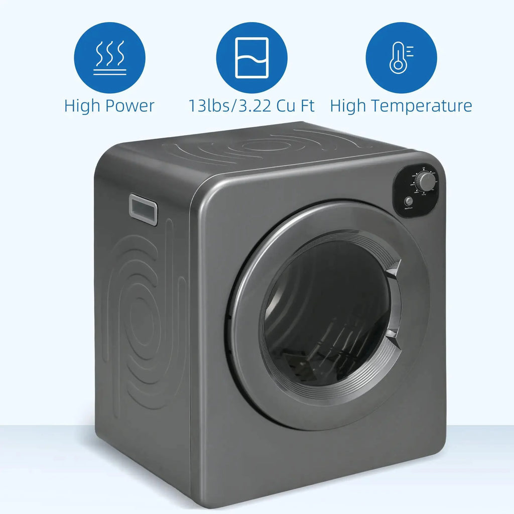 Resenkos Compact Laundry Dryer 1300W Portable Clothes Dryer with 3.2 cu.ft Stainless Steel Drum, Front Load Electric Dryer, Gray