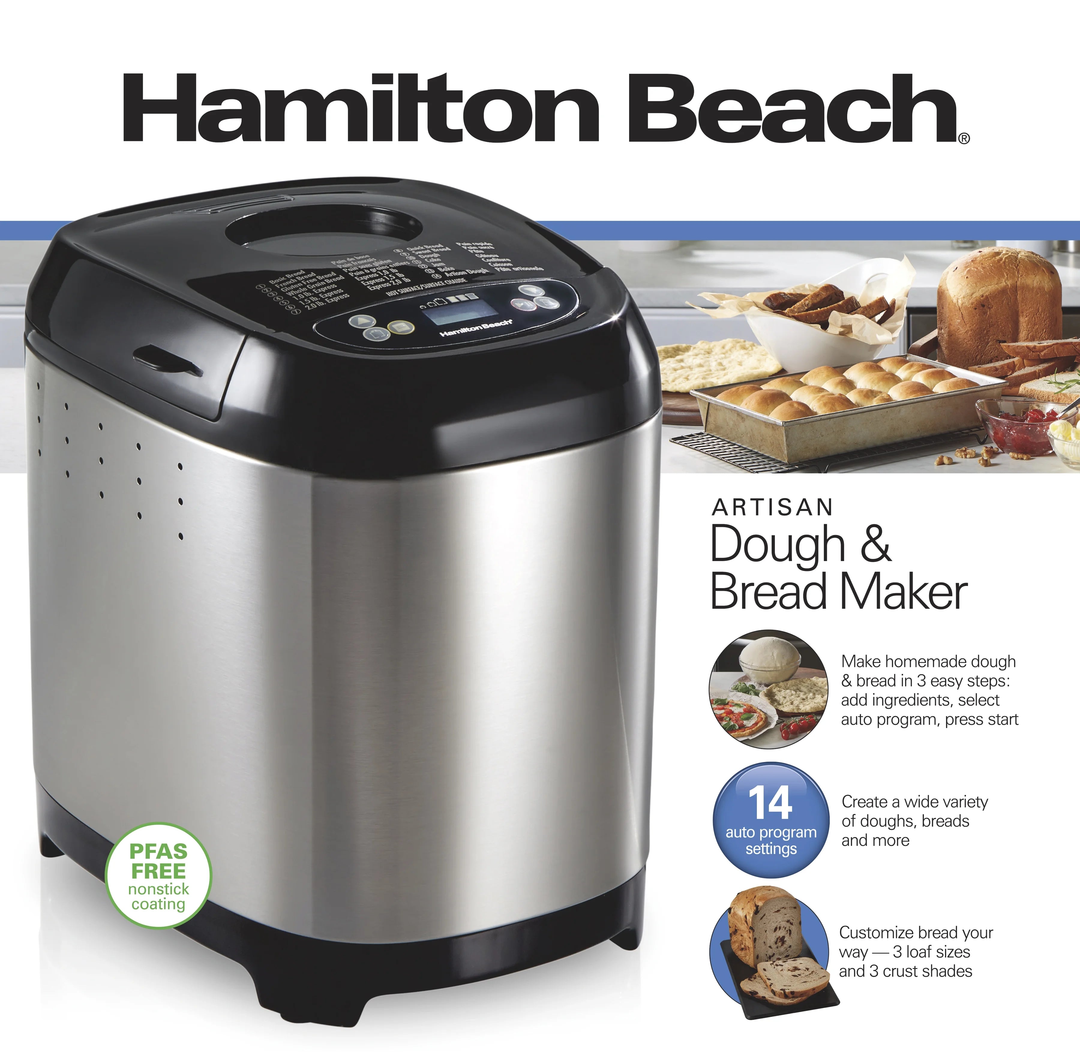 Hamilton Beach 2 lb Bread Maker Machine, Artisan Dough Bread Maker with 14 Settings, Black & Stainless Steel