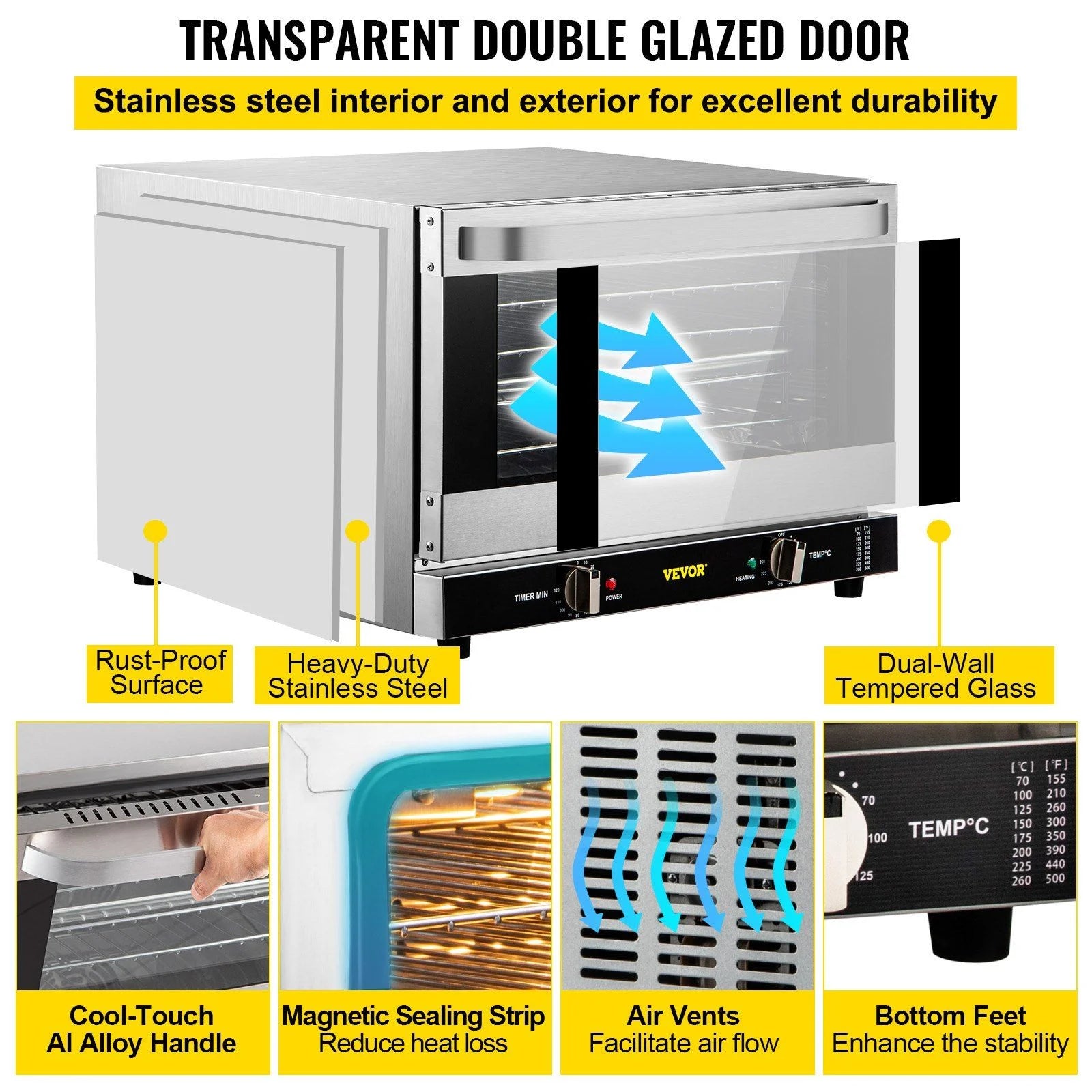 Commercial Convection Oven 47L/43Qt, Half-Size Electric Countertop Baking Oven, 1600W 4-Tier Toaster w/ Front Glass Door, Wire Racks, Tray, Bread Clip & Gloves, 120V ETL Listed