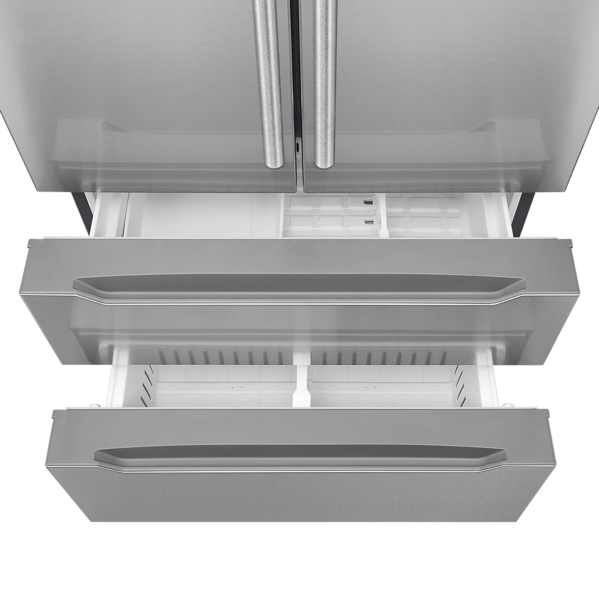 Cosmo 4 Piece Kitchen Appliance Package with 36" Freestanding Dual Fuel Range 36" Island Range Hood 24" Built-in Integrated Dishwasher & French Door Refrigerator Kitchen Appliance Bundles